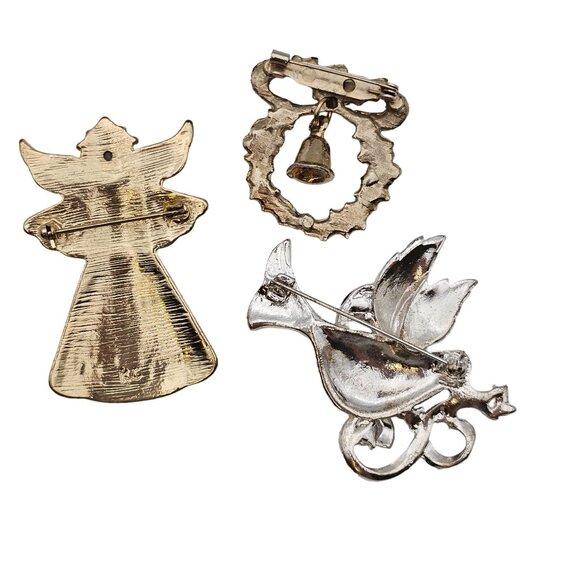 VTG Brooch Set 3PC Christmas Novelty Holiday Angel Dove Wreath Figural Pins - Picture 2 of 16